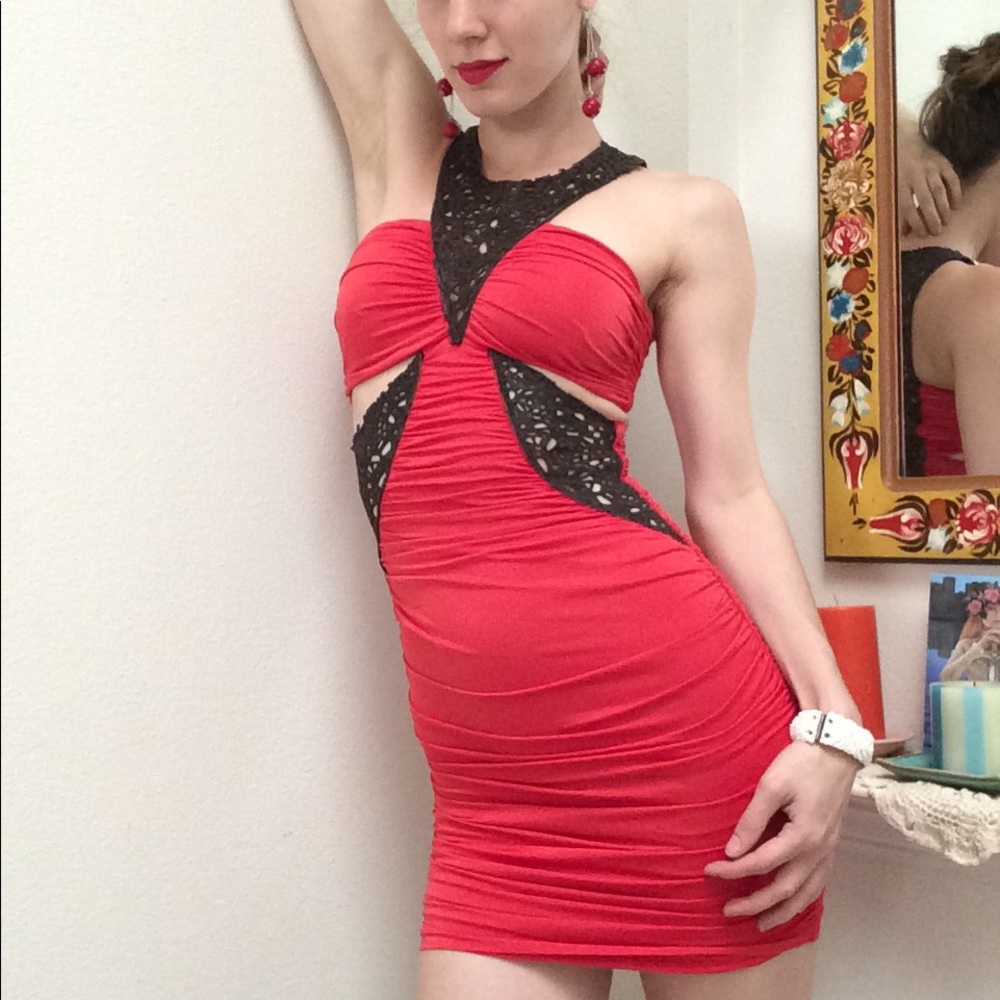 bebe Ruched Mini Dress Leather mesh